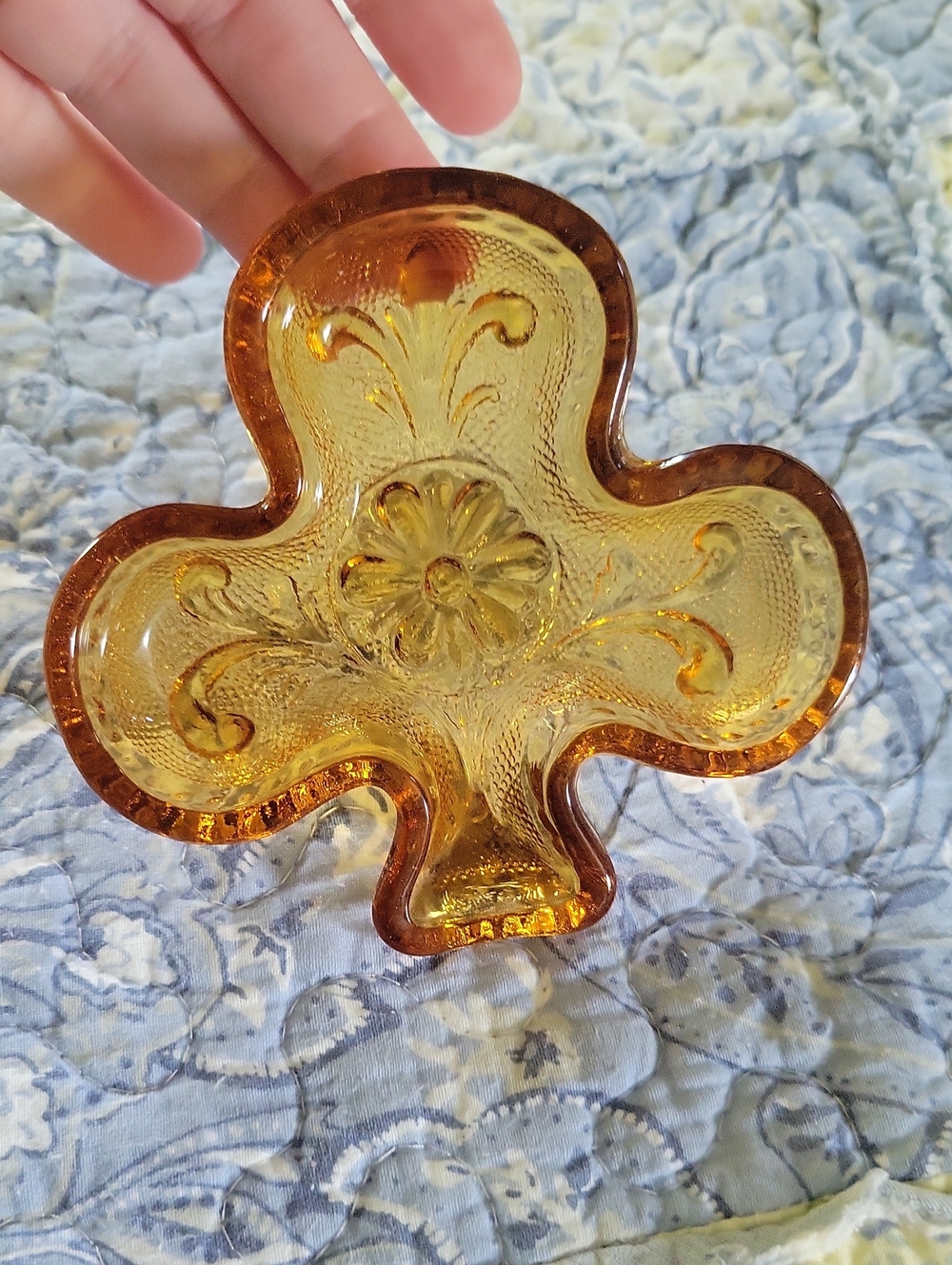VTG Indiana Glass Amber Tiara Clover Club Trinket Nut Candy Dish Textured Floral